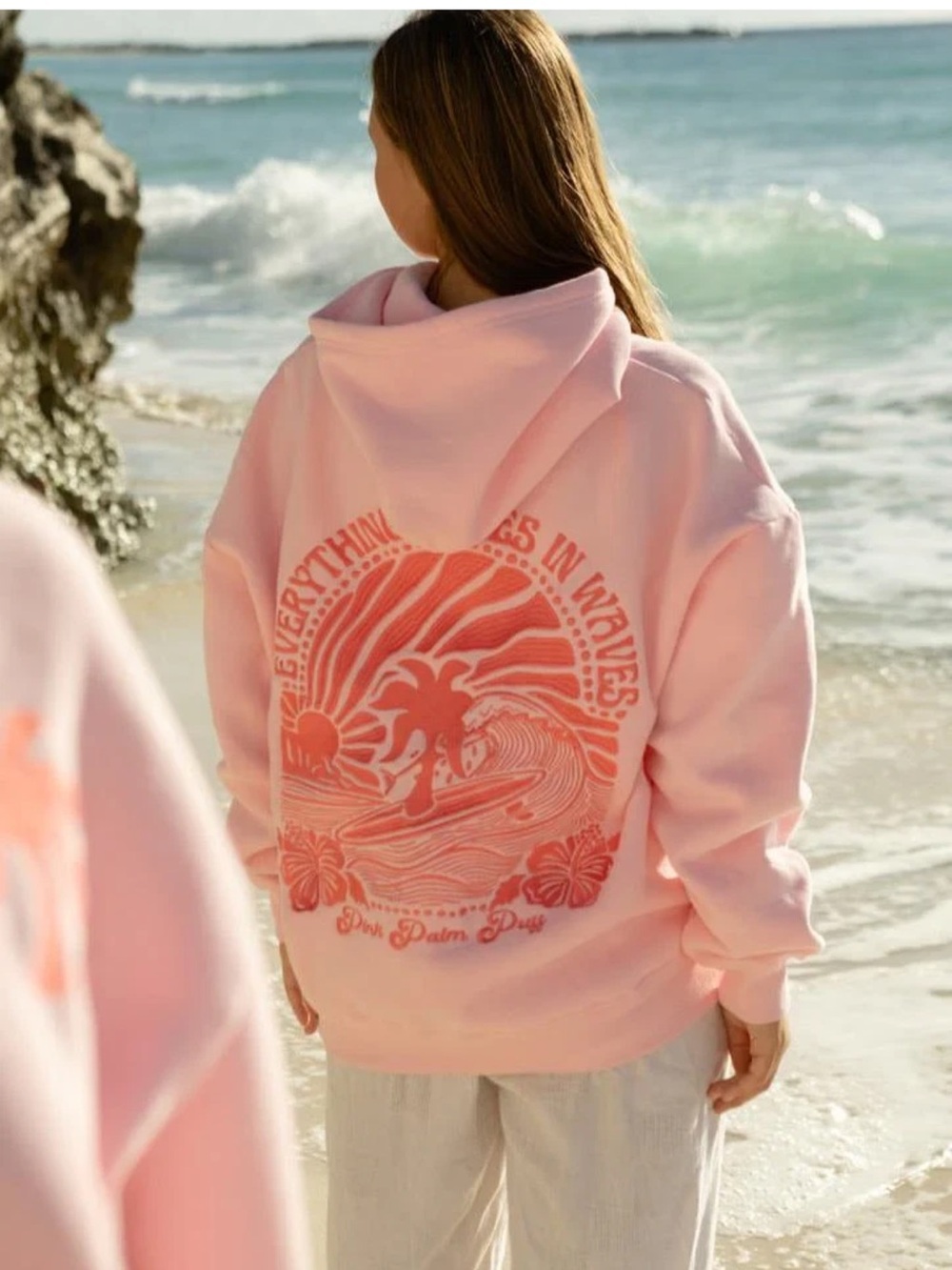 Pink Palm Puff Everything Comes In Embroidered Waves Hoodie Large